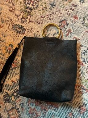 Anthropologie Ramona Black Floral Embossed Tote with Gold Ring Handle